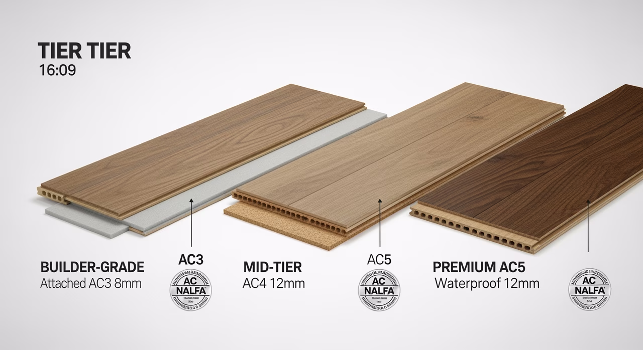 Three Toronto laminate tiers compared: builder-grade AC3 8mm with attached foam (Pergo Outlast, Wilsonart Estate), mid-tier AC4 12mm with separate cork-rubber underlayment (Quick-Step Reclaime, Pergo Defense+), premium AC5 waterproof 12mm (Quick-Step Imperio, Pergo Extreme)