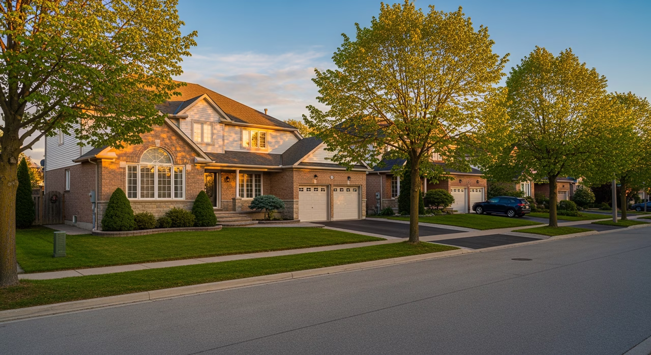 Toronto Brampton 1990s detached suburban home at golden hour with mature trees on a family street where AC4 12mm laminate installs run $4.50-$12 per square foot turn-key and resist pet scratch