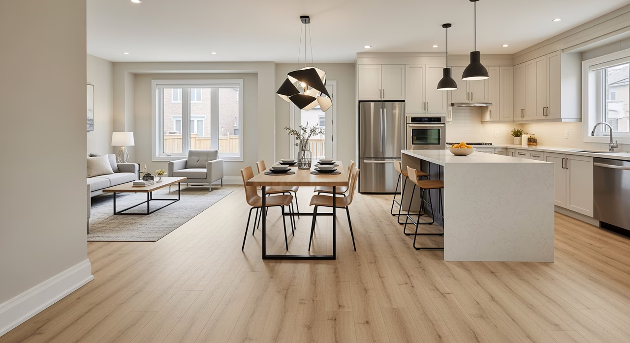Completed Toronto family living-dining-kitchen with AC4 12mm light-oak Quick-Step Reclaime laminate, soft white baseboards and quarter-round, modern furniture, Benjamin Moore Pale Oak walls