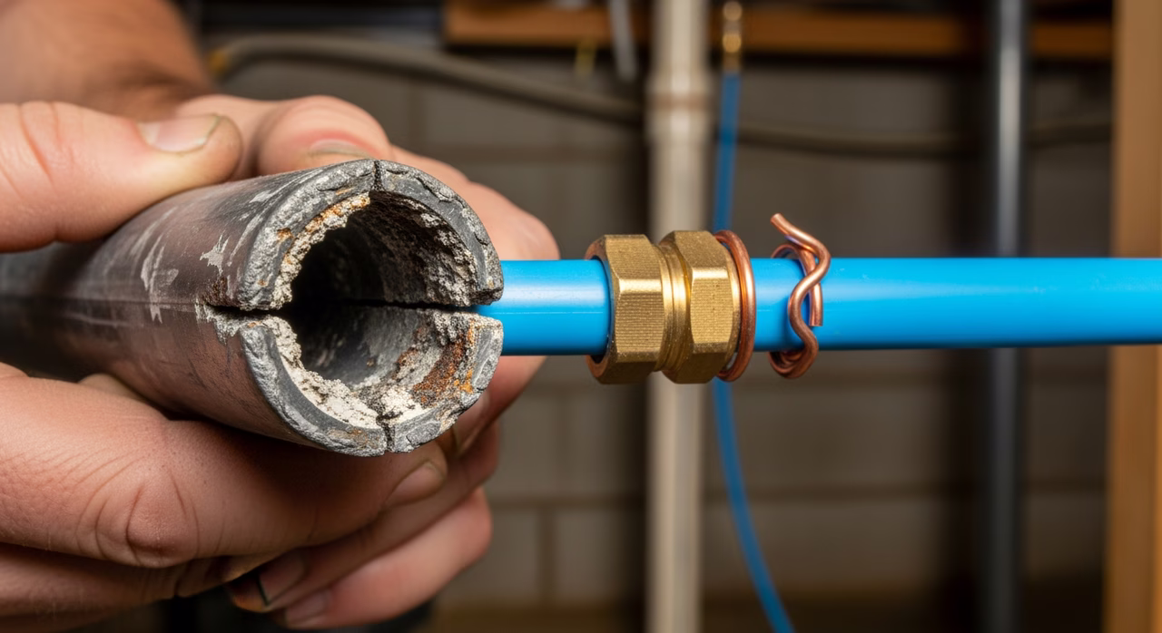 Licensed 306A plumber pulling new three-quarter inch copper Type K service line into Toronto home