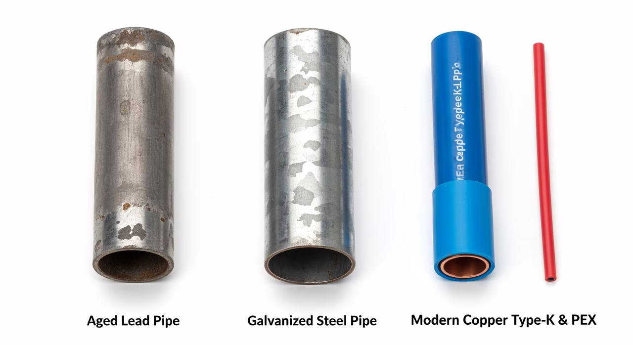 Old lead service line next to galvanized and new Type K copper water service samples