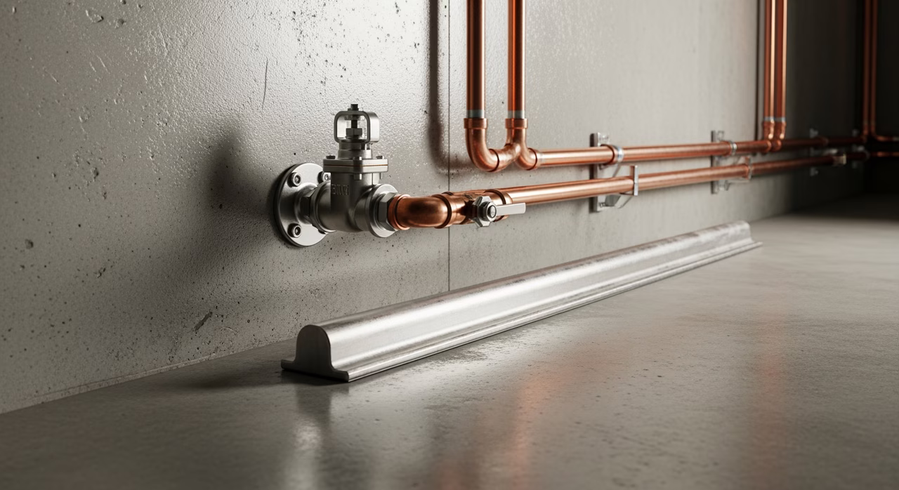 Close-up of new copper service line and shutoff valve connecting to interior water meter