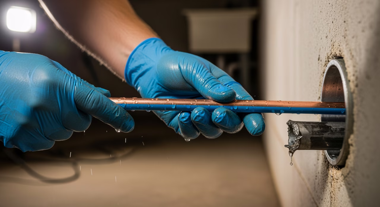 Licensed 306A plumber replacing lead water service with new Type K copper in downtown Toronto