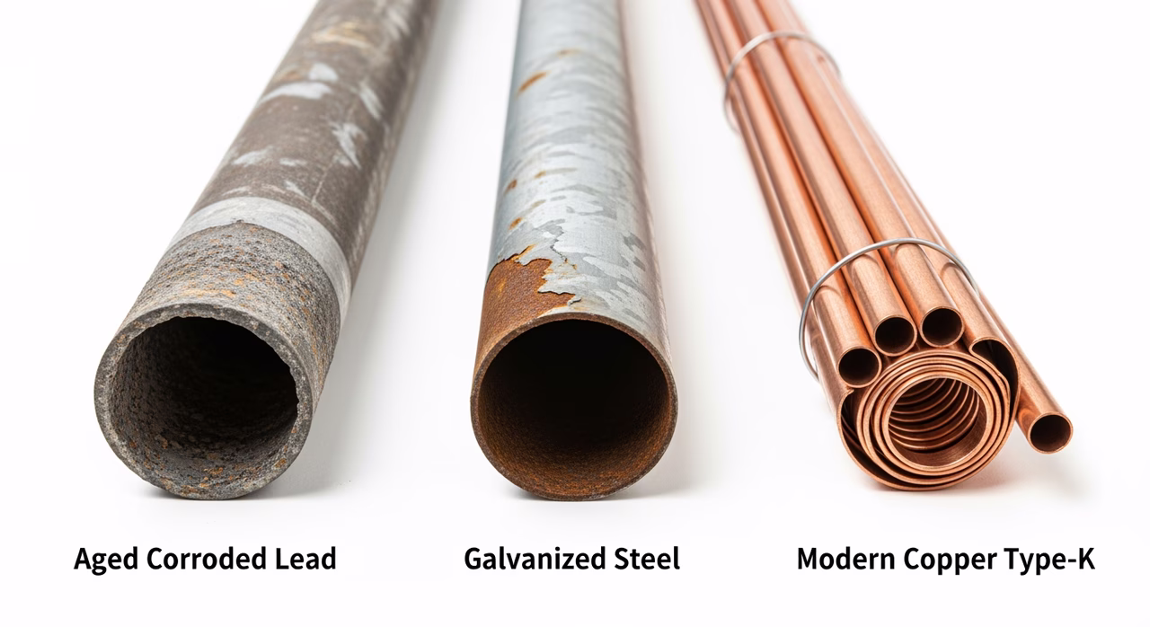 Lead pipe sample shown next to new copper service line and city-side stub for replacement