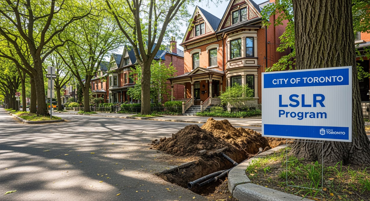 Lead service line replacement project on Toronto residential street with sidewalk excavation