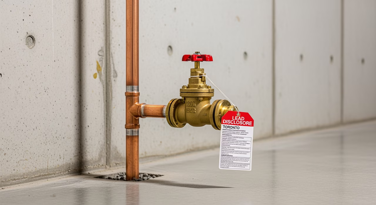 Close-up of new copper service line connection at municipal stop valve with Toronto Water meter