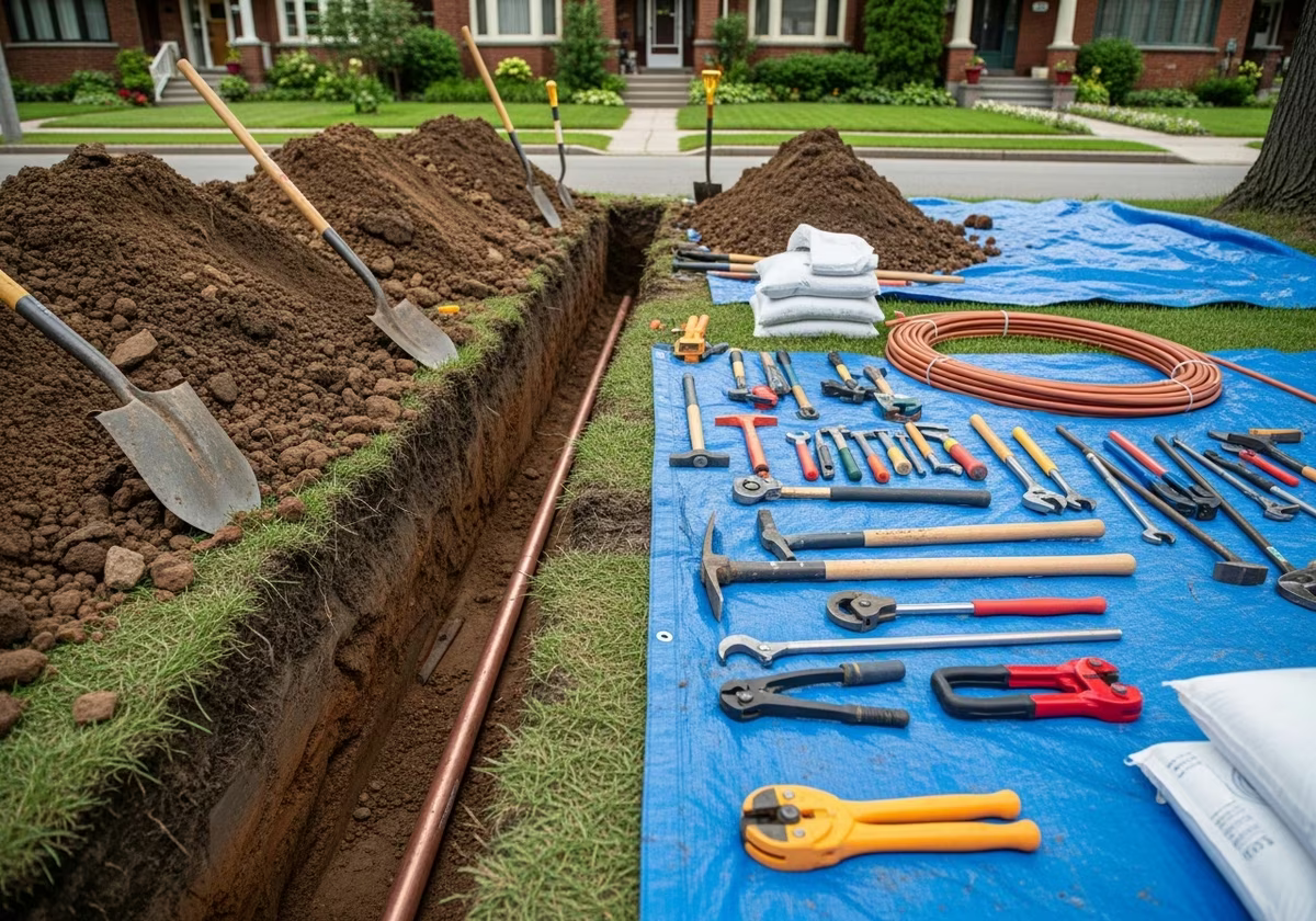Tools and materials staged for lead water service line replacement project