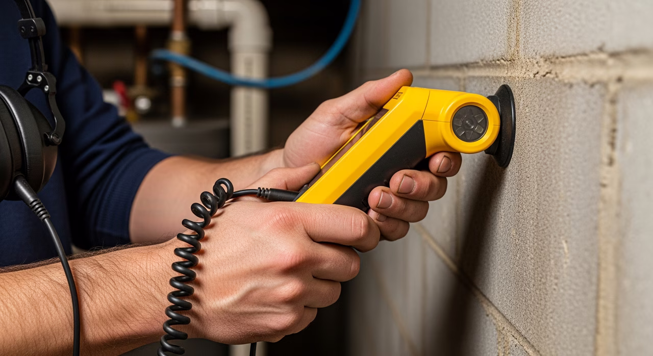 Licensed 306A plumber using acoustic leak detection probe on basement floor in Oakville home