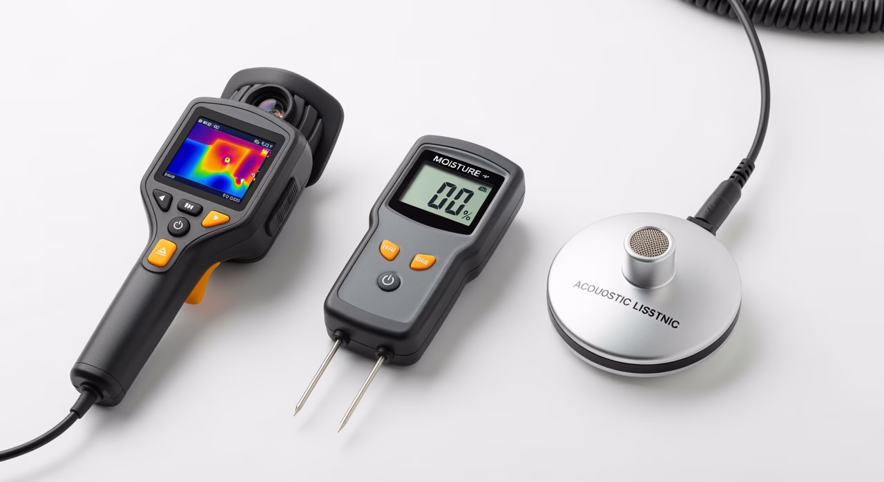 Comparison of acoustic, thermal imaging, and tracer gas leak detection equipment on table