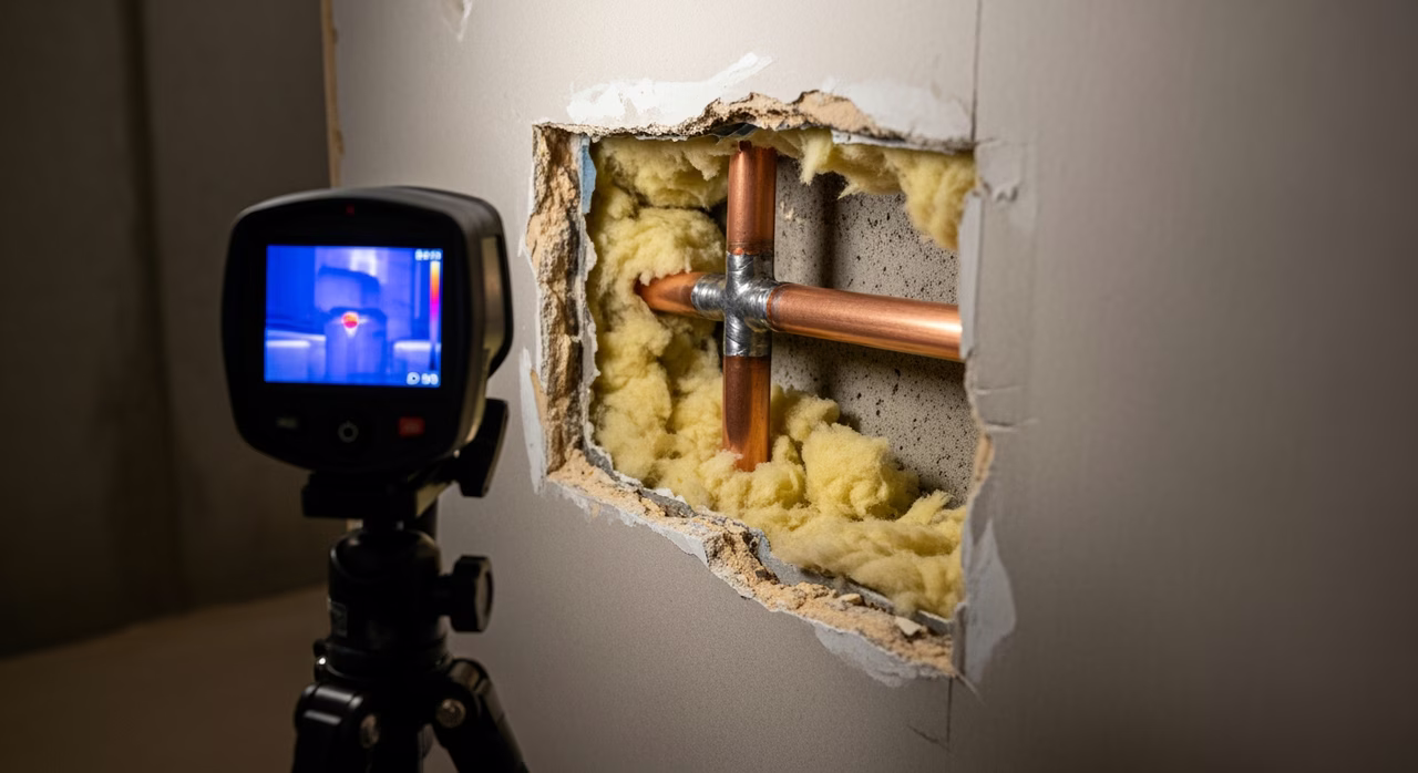 Close-up of pinpointed pinhole leak on copper supply line behind drywall opening