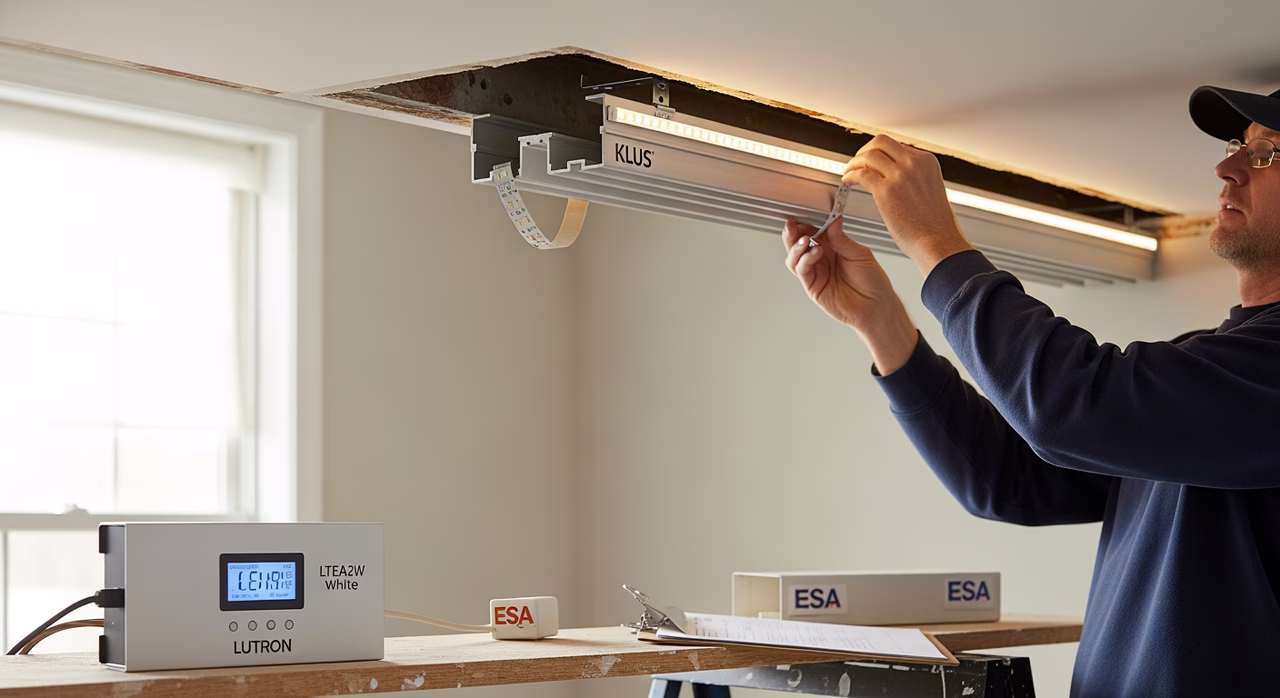 Toronto LED-backlit stretch-ceiling Master Electrician installing American Lighting Trulux Tunable LED tape on Klus aluminum heat-sink channel mounted to existing ceiling cavity 125mm above future translucent stretch membrane plane, Lutron LTEA2W tunable-white driver on sawhorse, cavity surface painted Benjamin Moore Decorator's White flat for maximum light bounce, ESA inspection in progress