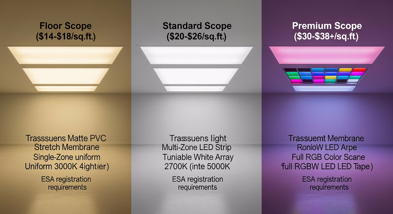 Three Toronto LED-backlit stretch-ceiling tiers compared: floor scope (translucent matte PVC stretch from Clipso 495E or Barrisol Lumière 65-70% light transmission, single-zone 3000K-warm or 4000K-neutral LED strip-light array, on-off or single-dimmer) at $14-$18/sqft, standard scope (translucent membrane with multi-zone LED strip, 2700K-warm to 5000K-cool dimmable colour-temperature via Lutron Caseta or Hue Bridge tunable-white driver, integrated daylight-simulation timer for circadian rhythm in windowless basement) at $20-$26 mid, premium scope (full RGB or RGBW LED tape from American Lighting Trulux RGB-W or Hue Color LightStrip Plus, app-controlled DMX or Hue zone-by-zone, daylight-simulation with sunrise / midday / sunset / moonlight sequencing) at $30-$38 -- labelled with cavity-depth and ESA-registration