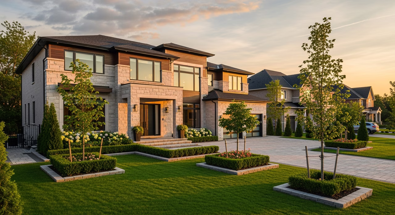 Toronto Oakville 2018-built luxury detached home at golden hour with manicured landscaping on prestigious suburban street where LED-backlit stretch ceilings with full daylight-simulation programming transform windowless basements into spaces visually equivalent to above-ground rooms with skylights and premium RGBW scopes run $30-$38 per sqft
