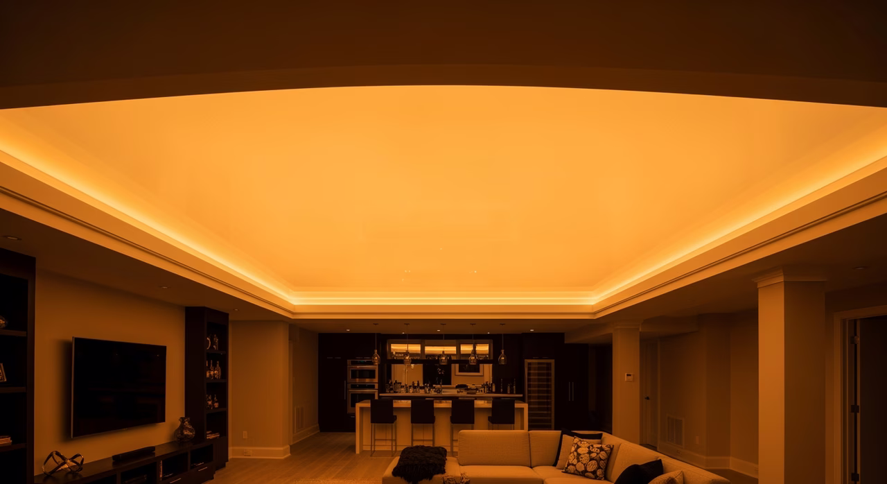 Completed Toronto luxury basement living area (evening, daylight-simulation in sunset-warm phase 2700K 60-percent) with translucent Clipso 495E PVC stretch ceiling glowing in soft warm-amber colour-temperature simulating natural sunset, no visible light source, perfectly even diffused ceiling glow washing whole basement in warm circadian light