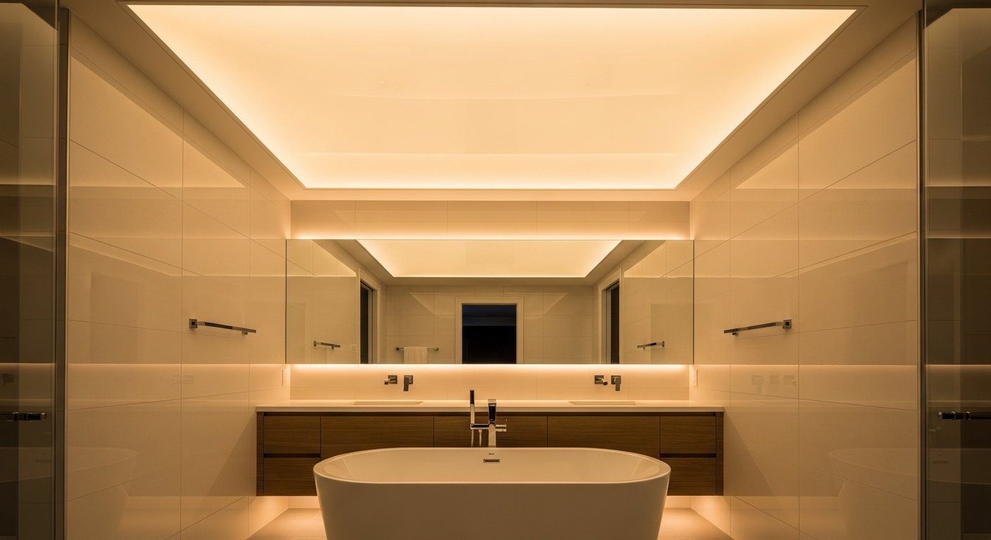 On-site led-backlit stretch ceiling install detail at a Ajax property