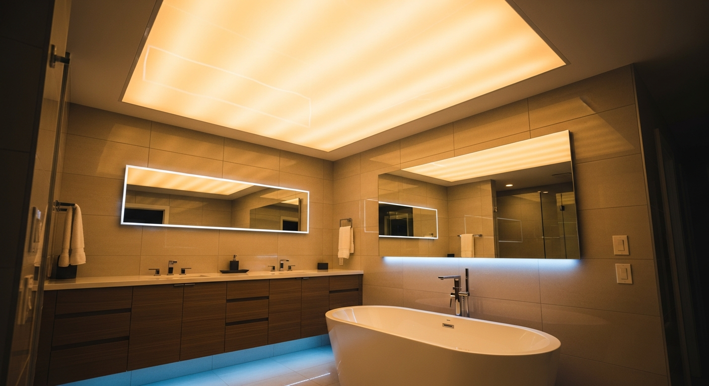 Editorial detail of a Aurora led-backlit stretch ceiling install — visible quality finish