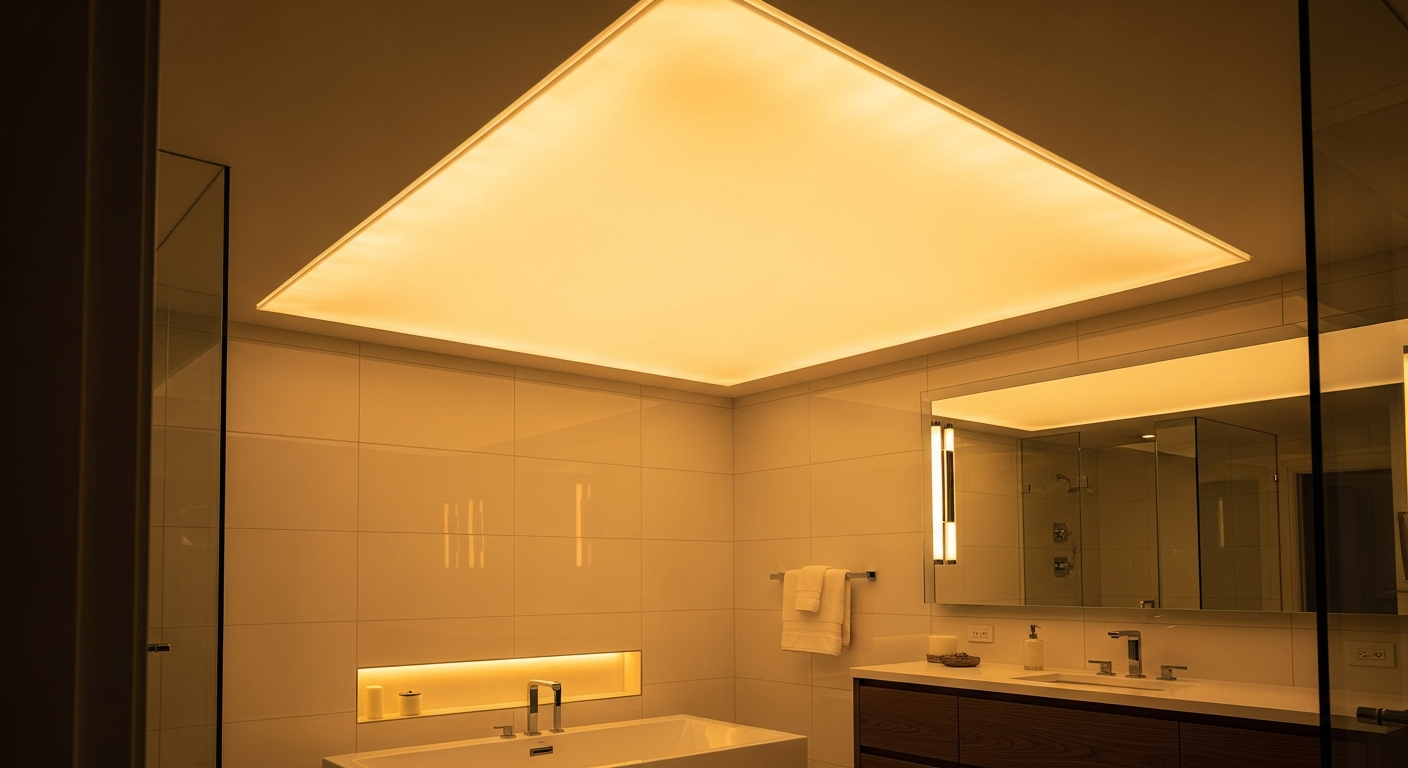 Recent Brampton-area led-backlit stretch ceiling project — professional finish detail