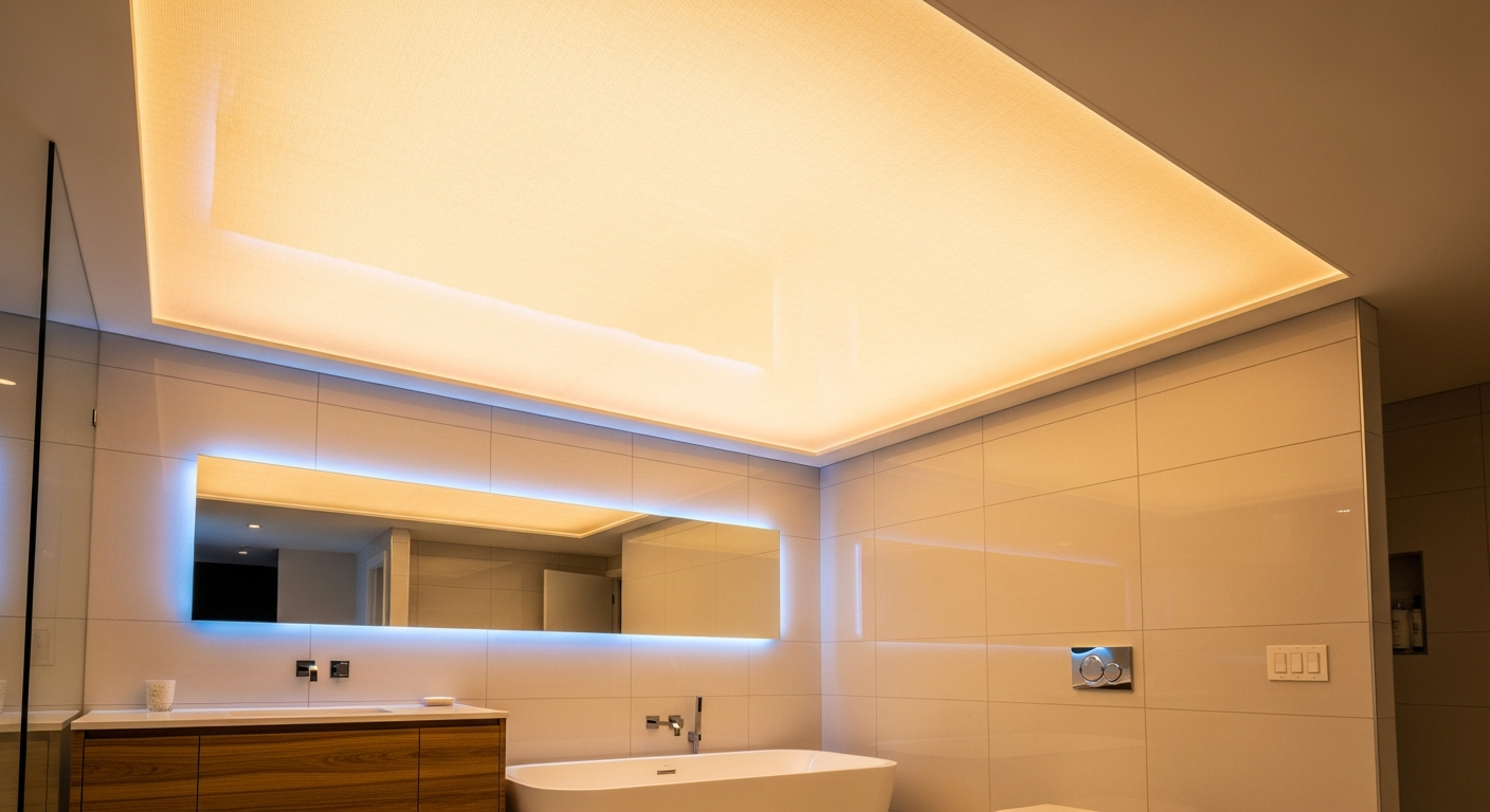 Recently completed led-backlit stretch ceiling renovation in a Brock home