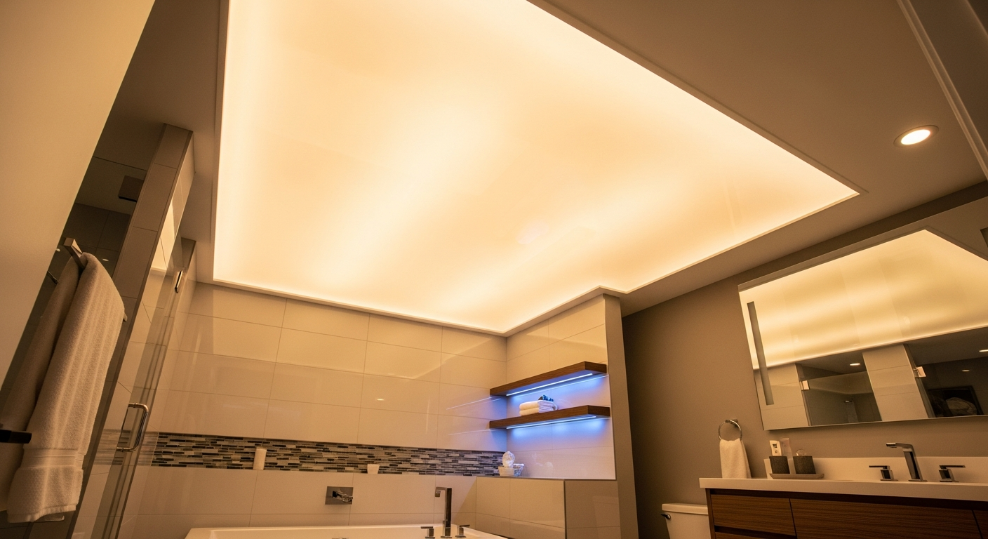 Detail view of a led-backlit stretch ceiling job finished in Caledon — expert craftsmanship
