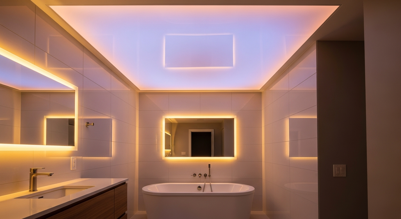 Recently completed led-backlit stretch ceiling renovation in a Clarington home