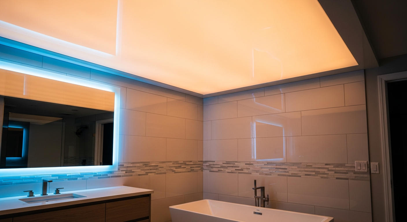 Editorial detail of a East Gwillimbury led-backlit stretch ceiling install — visible quality finish