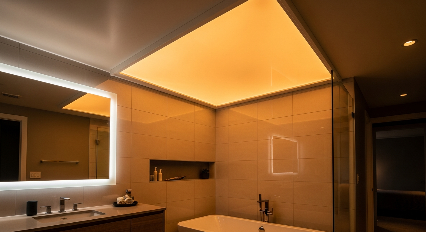 Close-up of professional led-backlit stretch ceiling work delivered in Georgina
