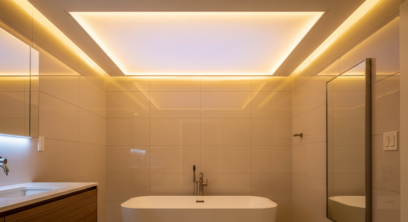 Editorial detail of a Uxbridge led-backlit stretch ceiling install — visible quality finish