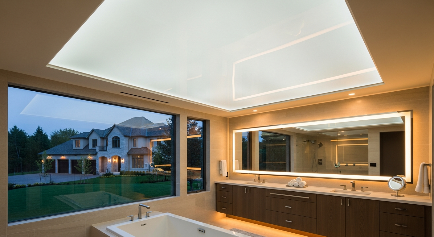 Editorial detail of a Vaughan led-backlit stretch ceiling install — visible quality finish