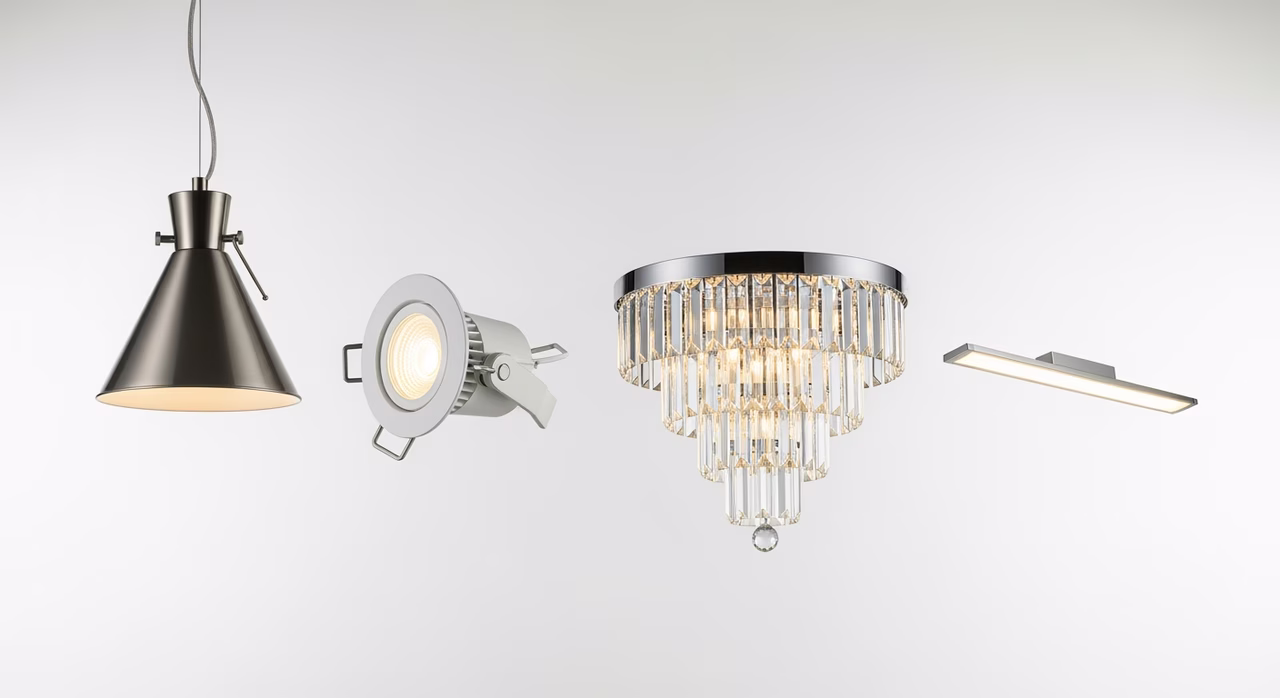 LED recessed pot lights, pendants, and flush mounts compared on lighting showroom display