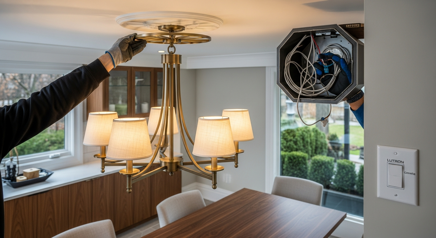 Light Fixture Installation portfolio close-up from a Markham renovation by RenoHouse