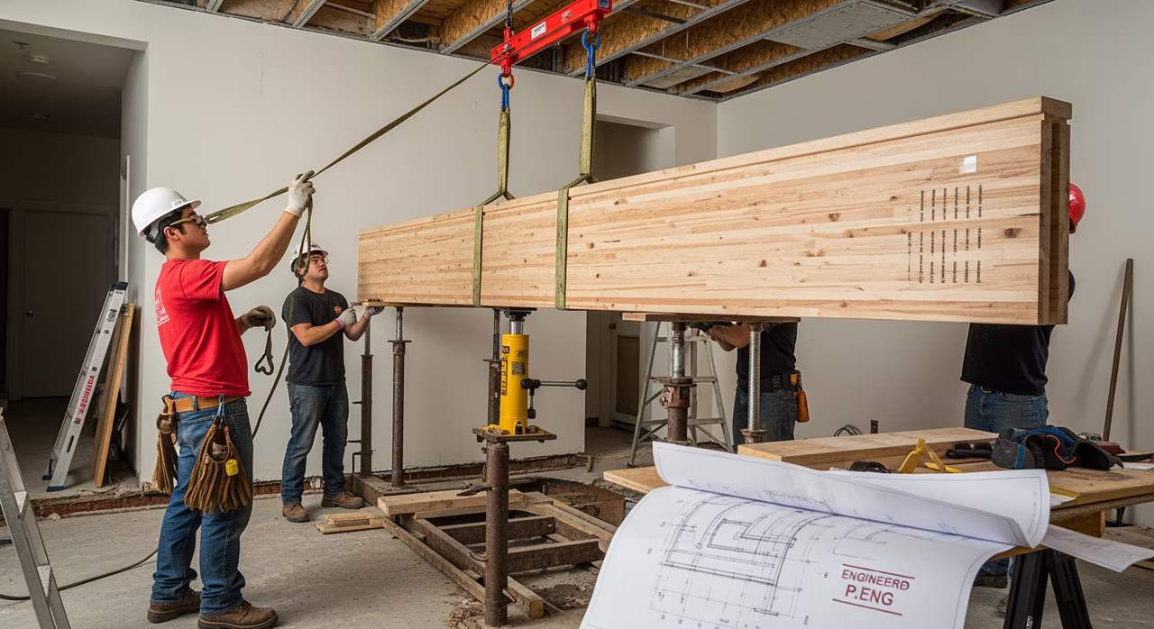 Structural renovation crew installing 14-foot LVL beam between temporary shoring posts with P.Eng. drawings on hand