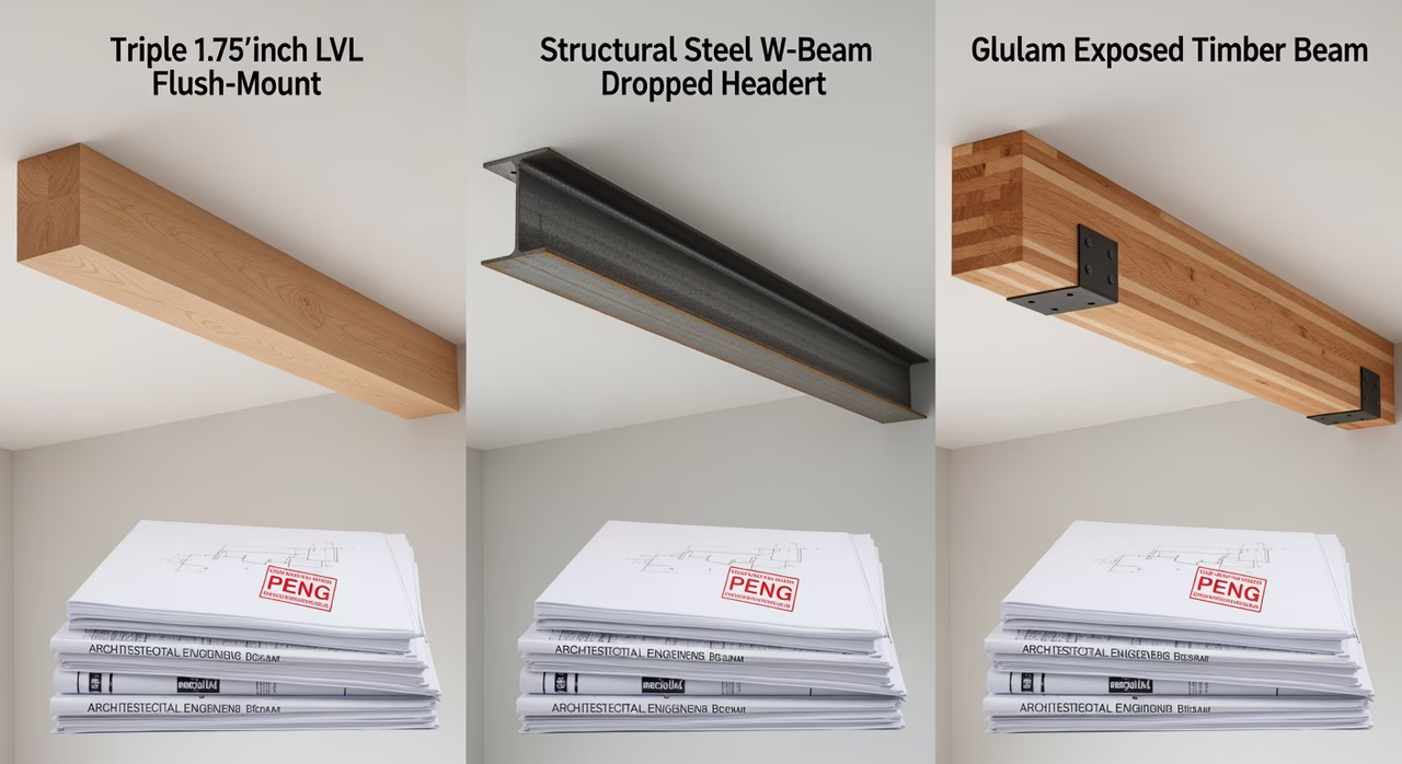 Three Toronto load-bearing wall beam options compared: triple LVL flush-mount, structural steel W-beam, glulam exposed timber