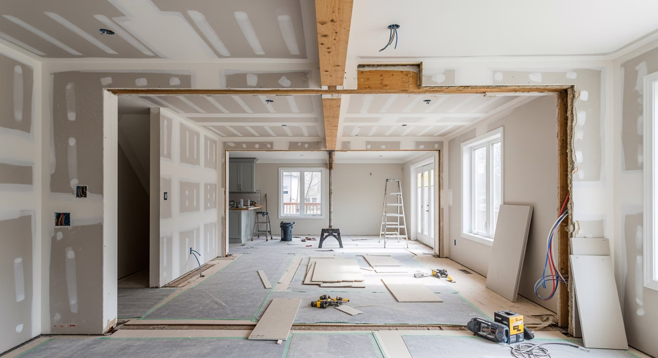 Toronto detached home interior showing newly opened span between kitchen and dining with exposed LVL beam