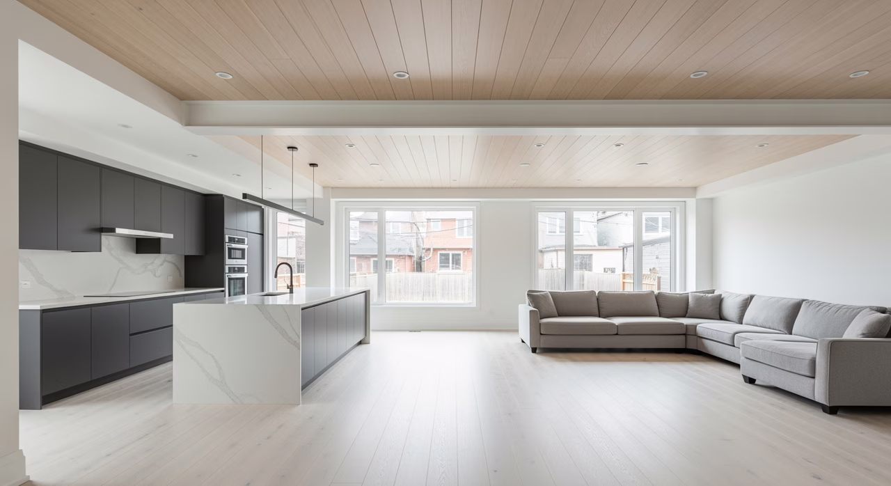 Completed Toronto open-concept main floor with flush-mount LVL beam fully drywalled supporting white oak ceiling