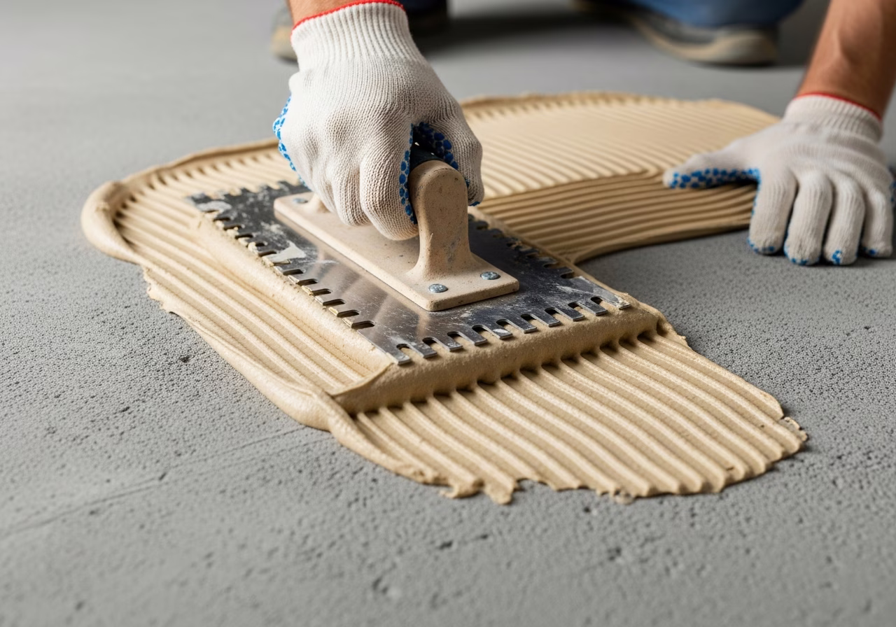Glue-spreading water-based vinyl adhesive on concrete subfloor with notched trowel