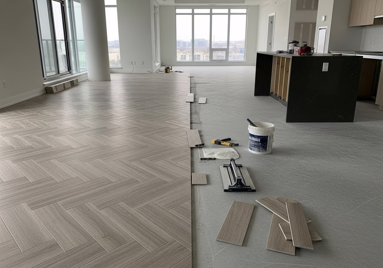 Toronto condo open-concept stone-look LVT herringbone install in progress