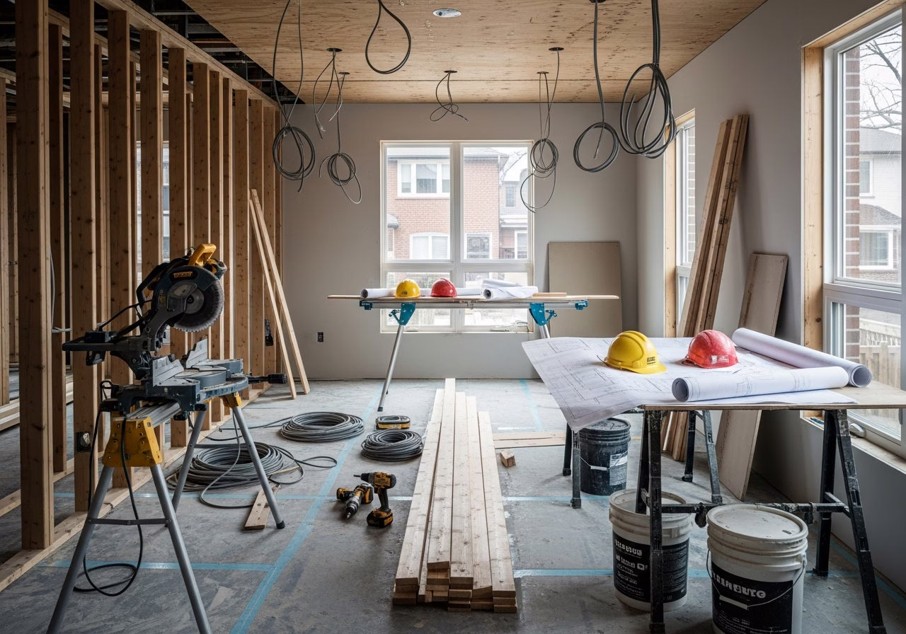 Medical Office Buildout in progress: tools, materials, and protective floor covering staged for a Toronto home renovation