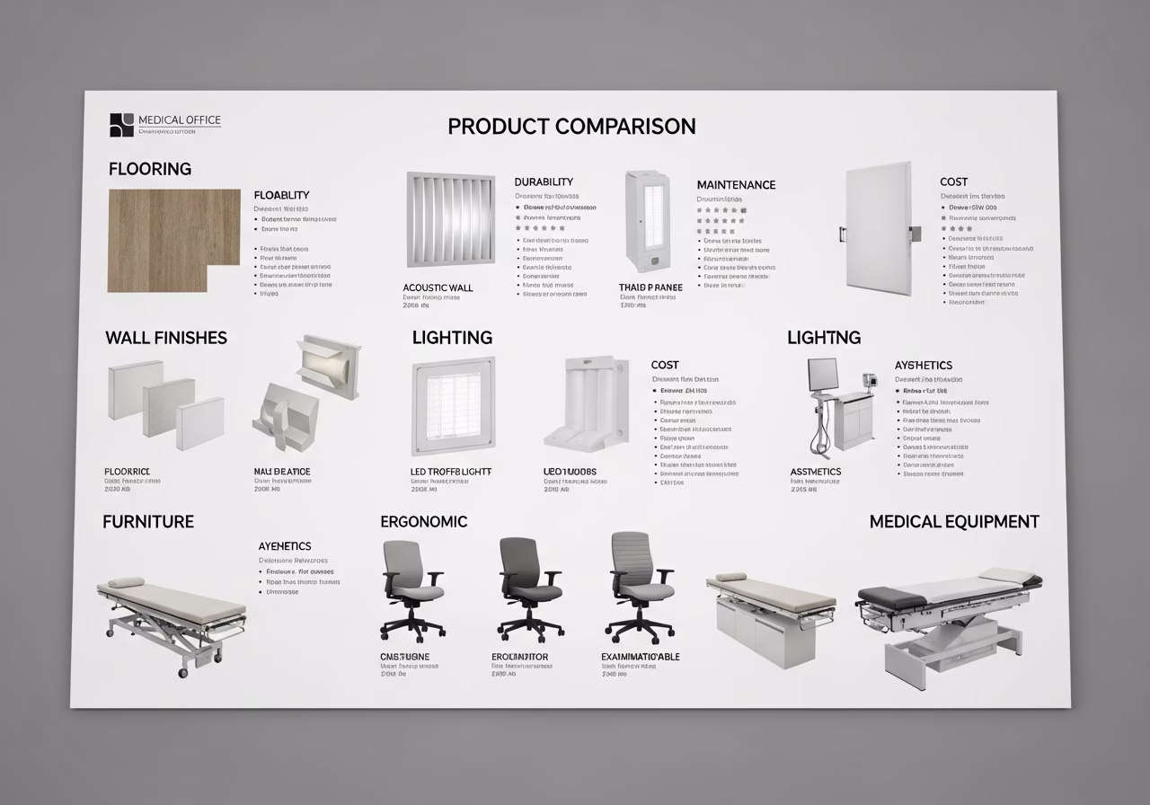 Side-by-side product and material comparison for medical office buildout — typical brands and finishes used in Toronto home r