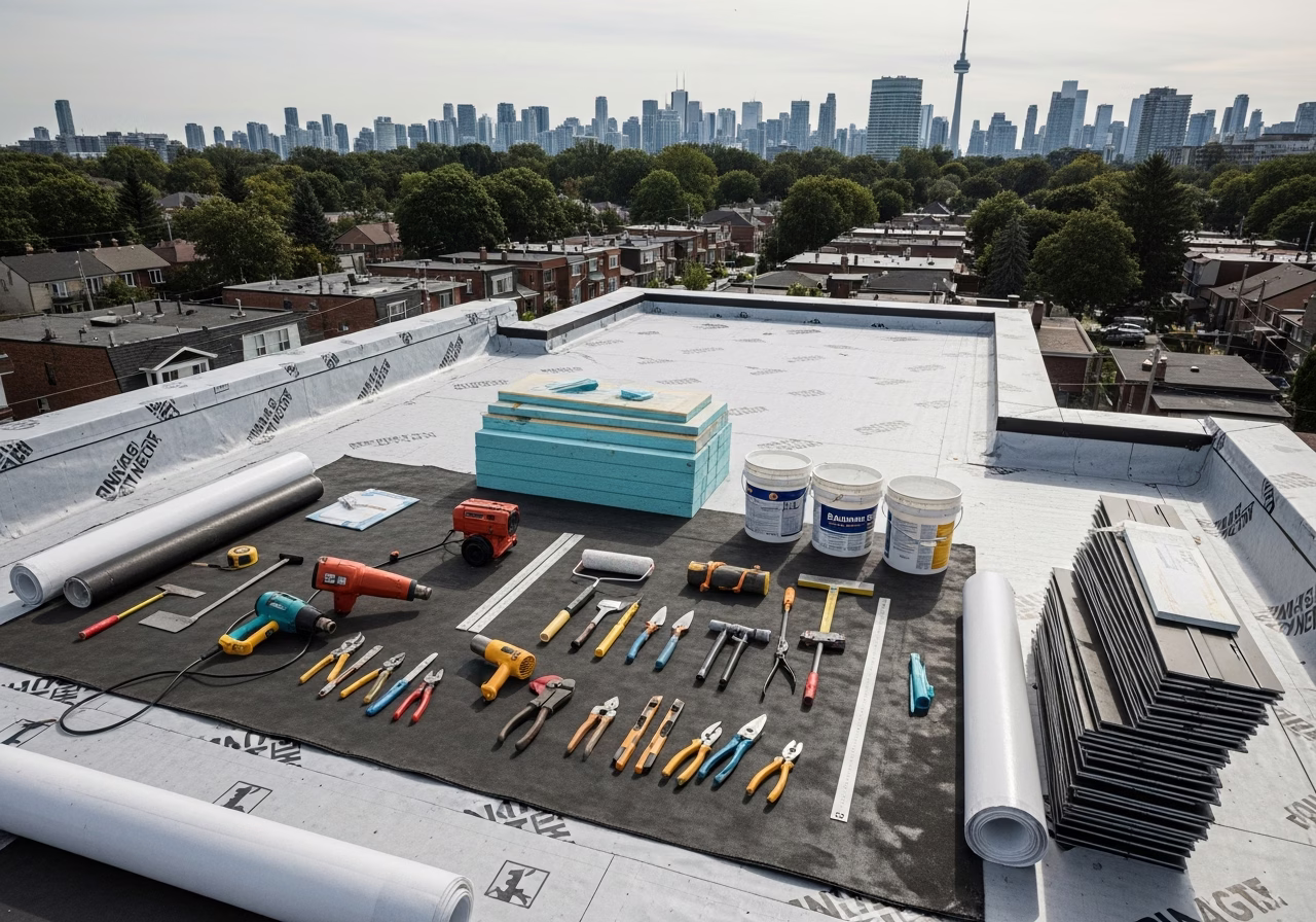 Flat Roof Installation tools and materials staged in Toronto home
