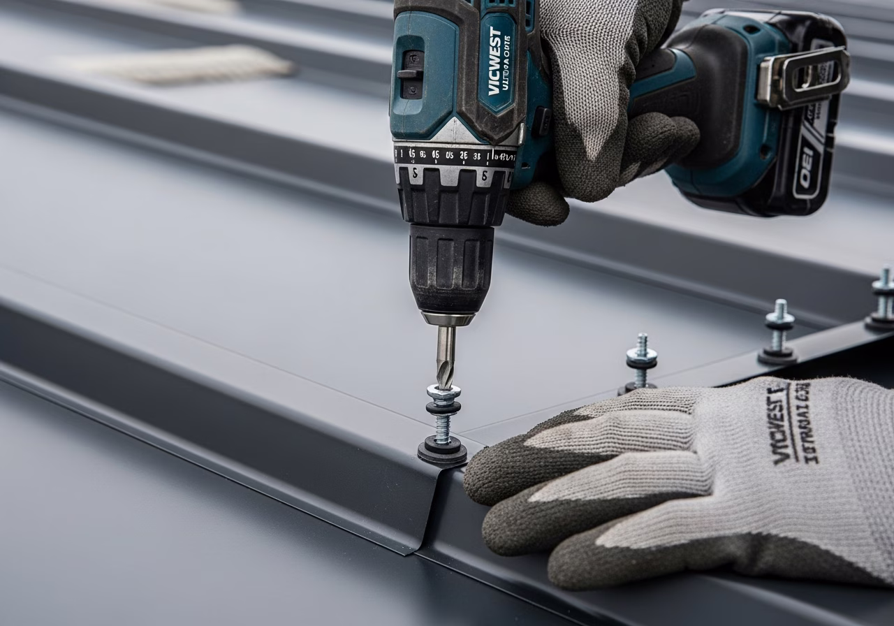 Installing Vicwest standing-seam steel panel with rubber-gasket fastener on Toronto roof