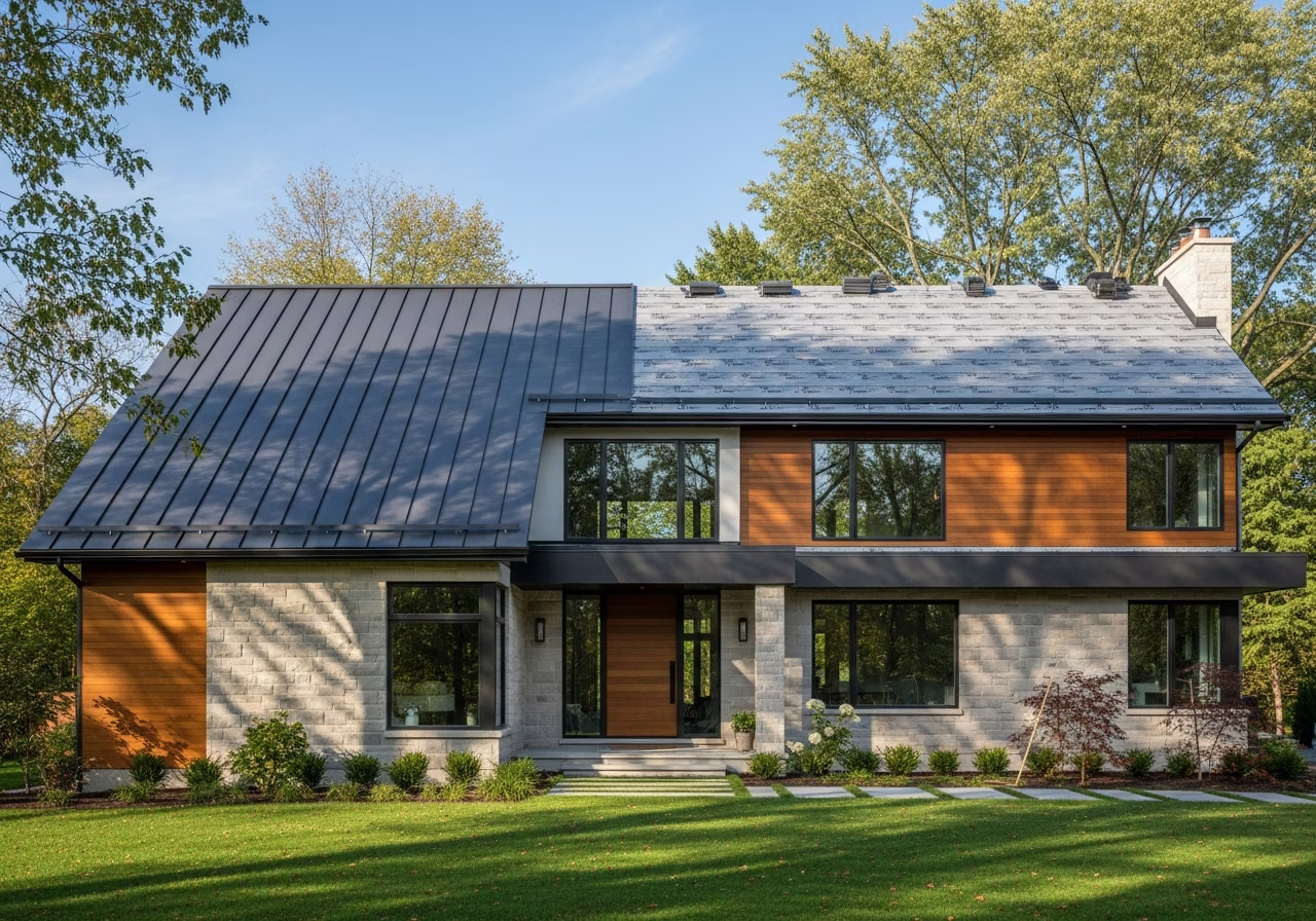 Toronto premium metal roof mid-install — half panels on, half underlayment ready