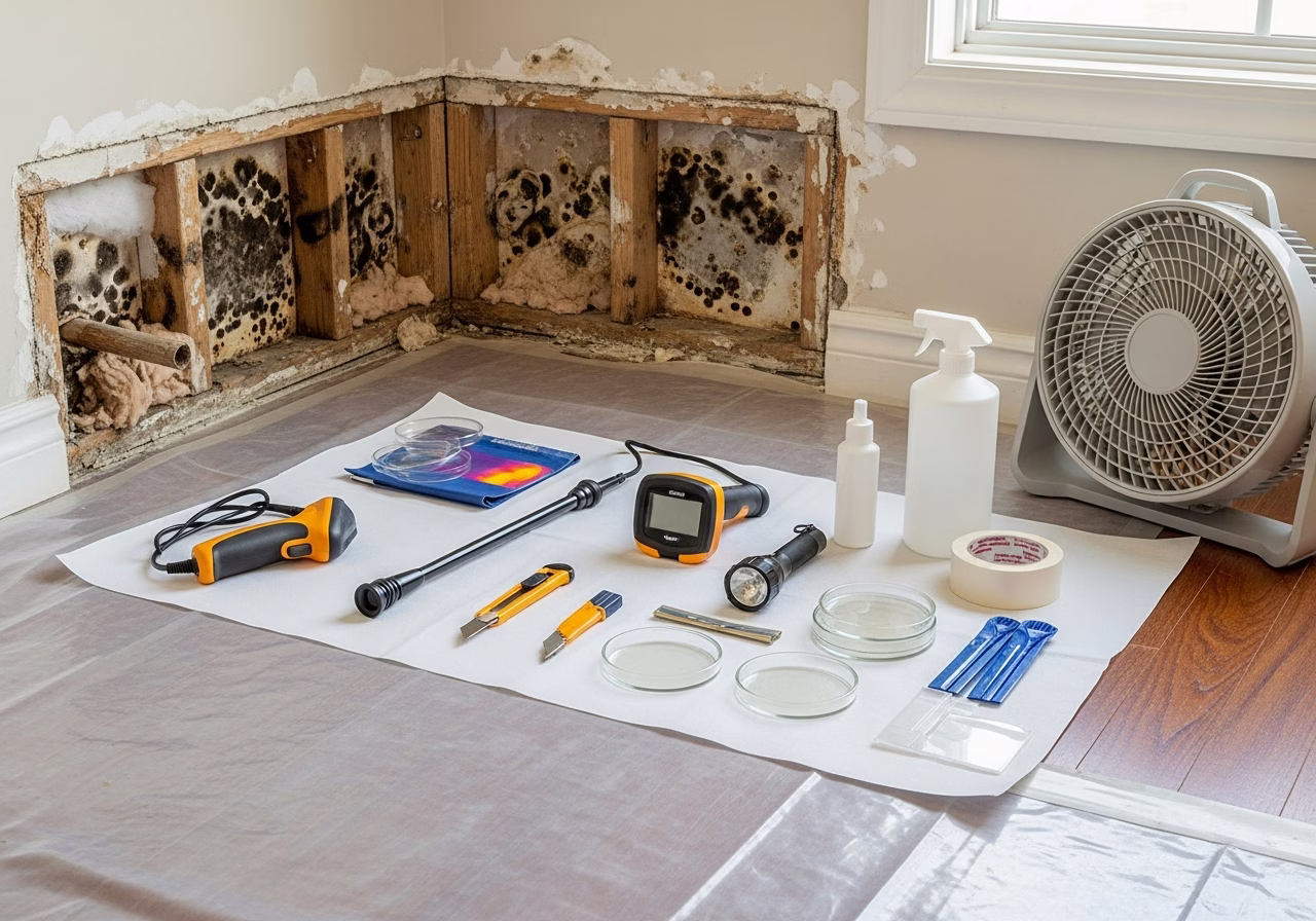 Mold-Prone Area Detection in progress: tools, materials, and protective floor covering staged for a Toronto home inspection