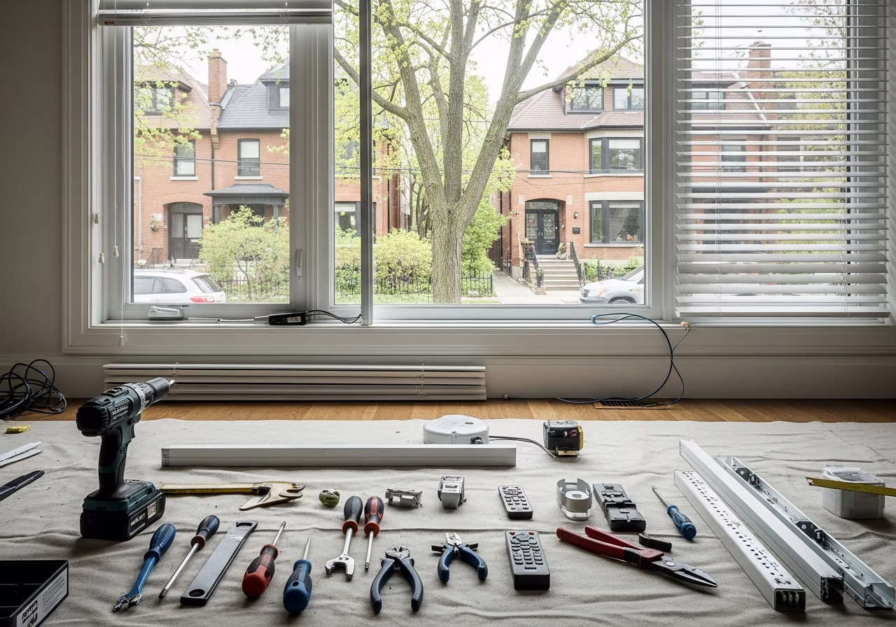 Motorized Blinds Installation in progress: tools, materials, and protective floor covering staged for a Toronto window and do