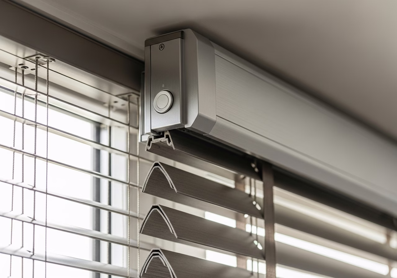 Close-up detail of professionally completed motorized blinds installation showing craftsmanship and finish quality