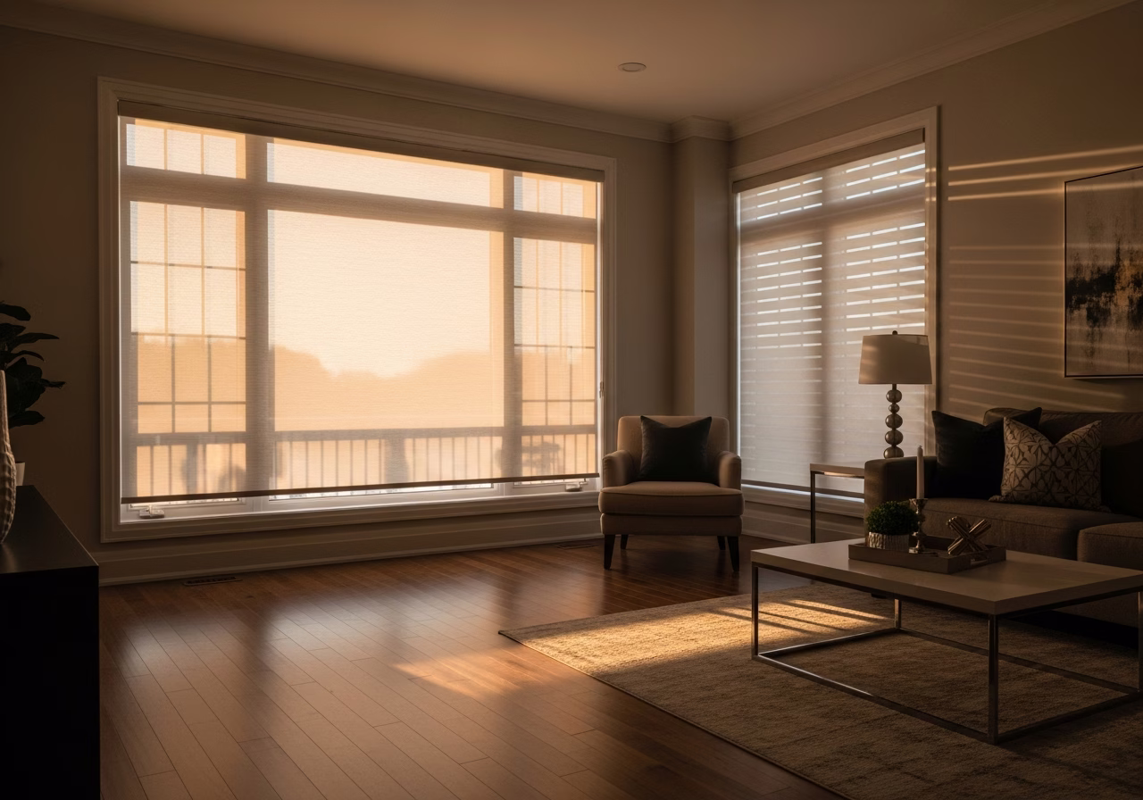 Finished motorized blinds installation result in a Toronto/GTA home, photographed in natural light