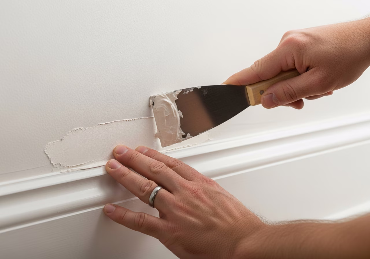 Moving-day dent repair with thin joint compound layer near baseboard — RenoHouse Toronto