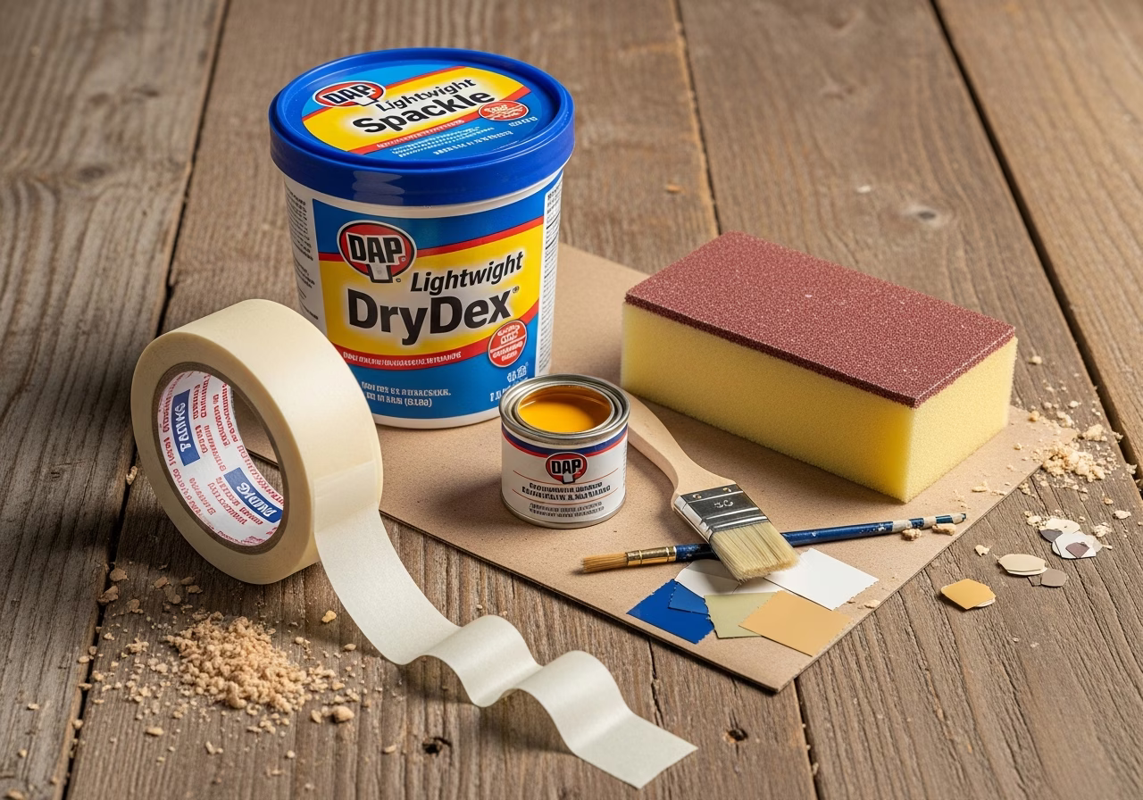Moving-day dent repair kit — DAP DryDex spackle, fine sanding sponge, touch-up paint kit