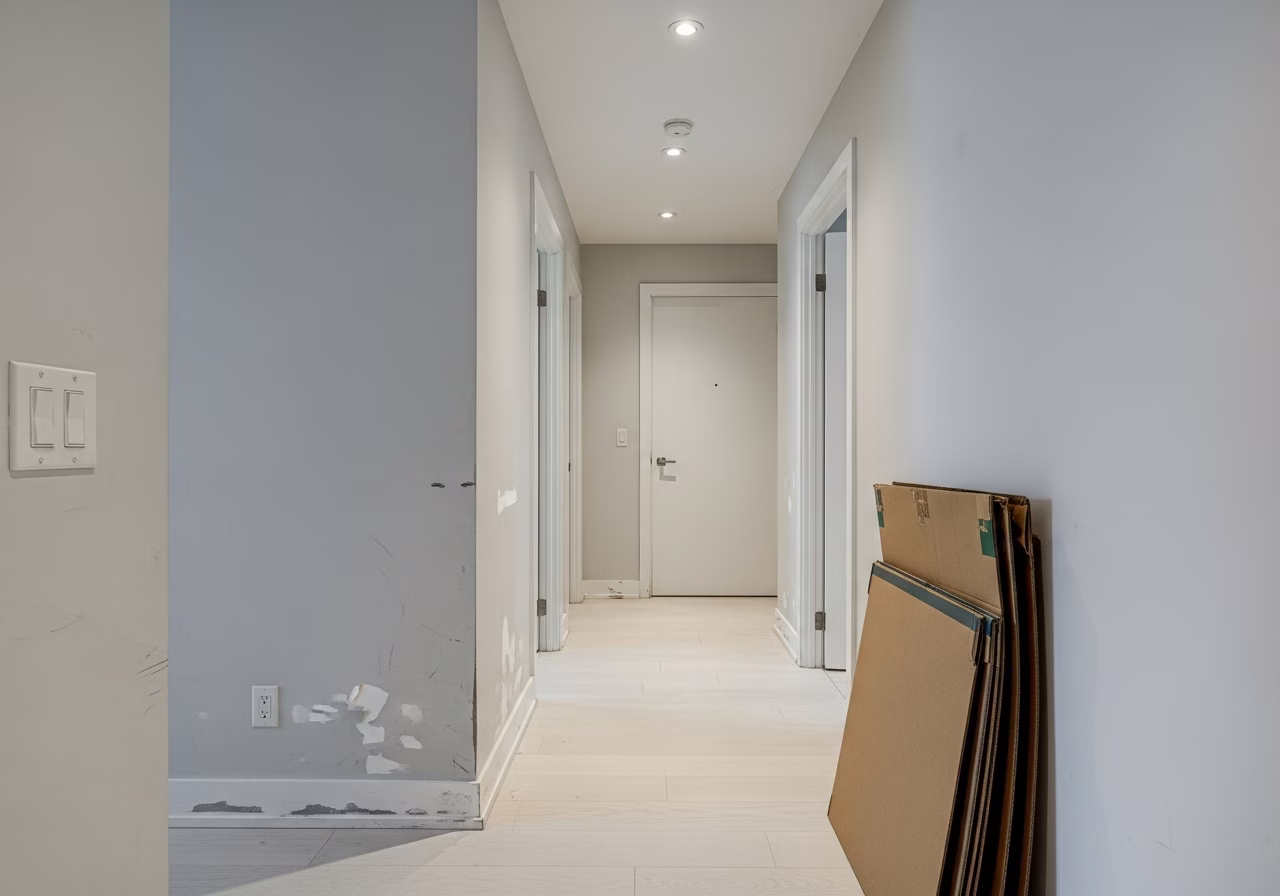 Moving-day scuffs and dents on GTA condo new-resident hallway drywall