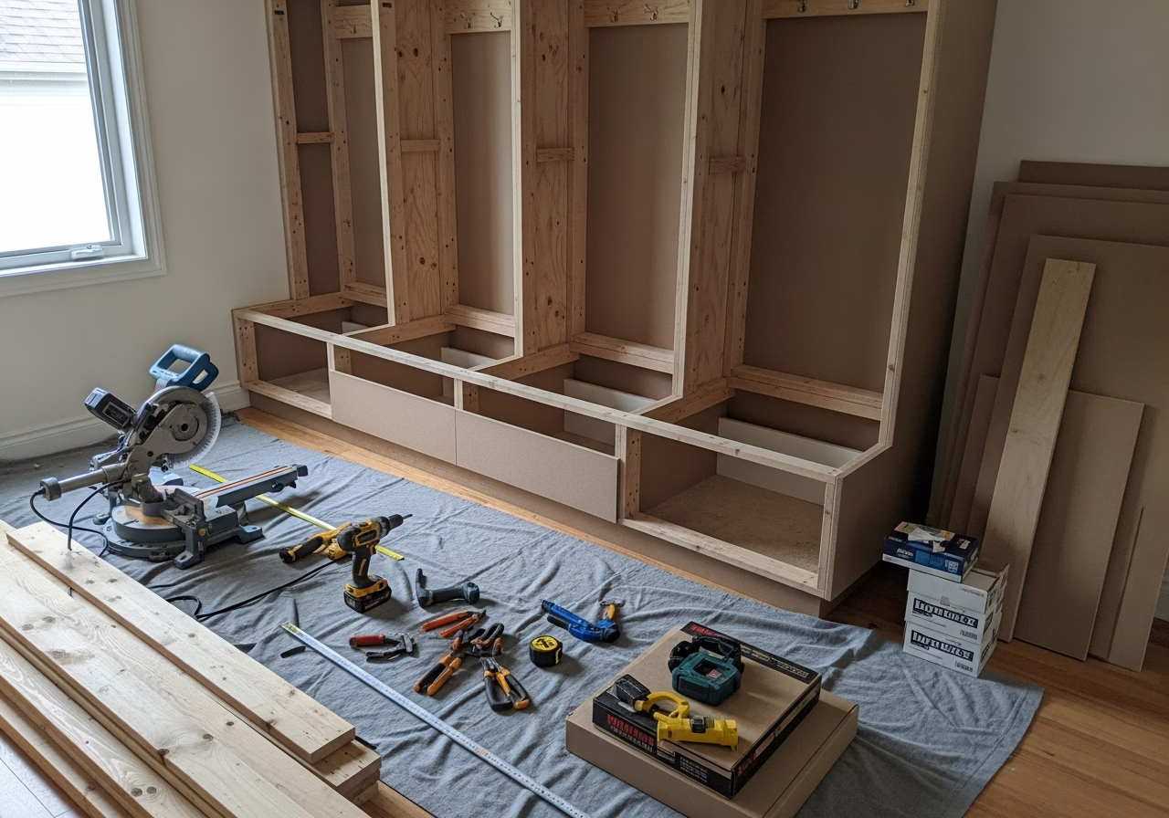 Mudroom Bench & Locker Built-In in progress: tools, materials, and protective floor covering staged for a Toronto home renova