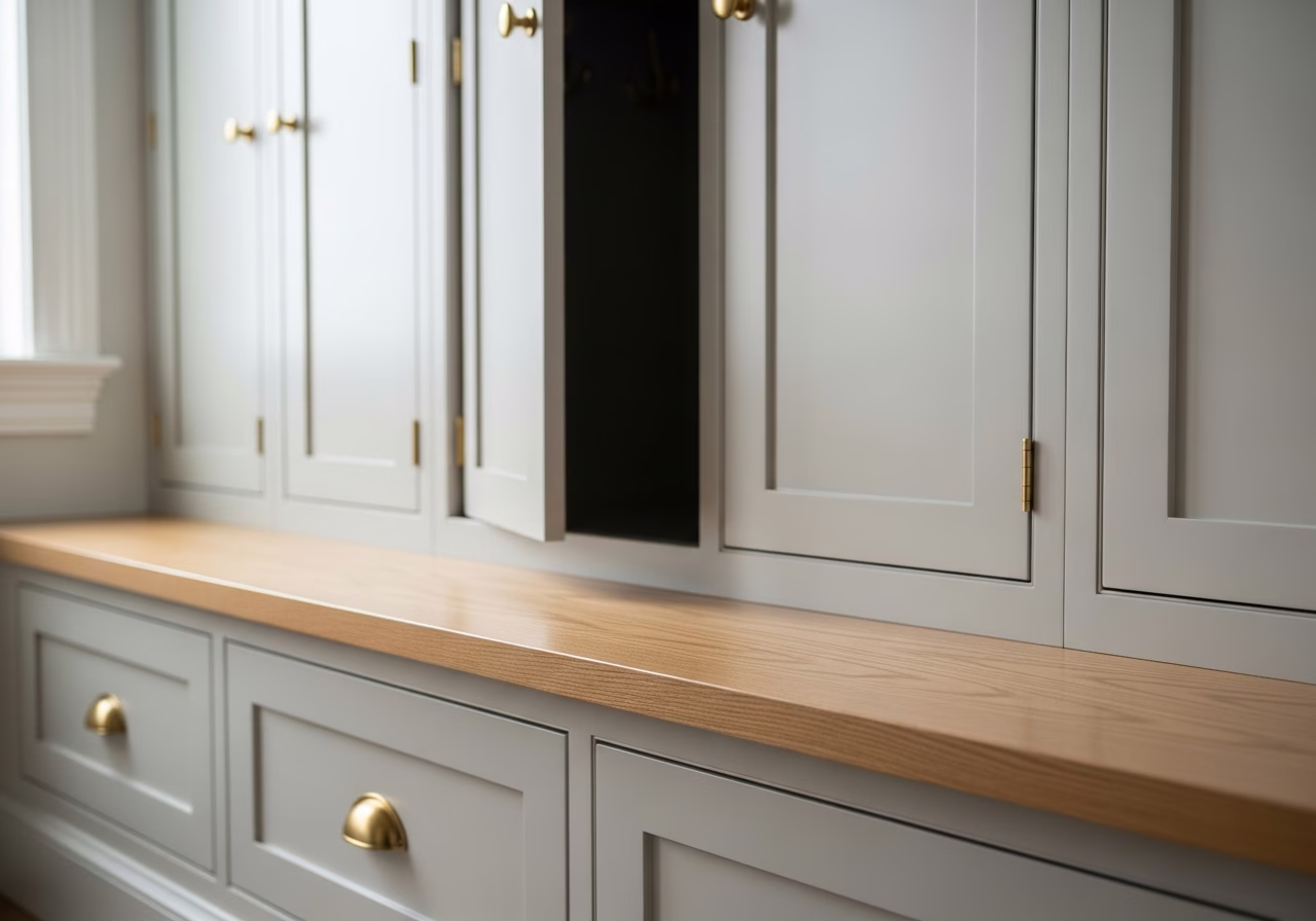 Close-up detail of professionally completed mudroom bench & locker built-in showing craftsmanship and finish quality